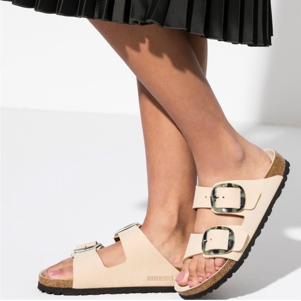 Women’s Birkenstock Big Buckle Cream Tortoise Buckle Two Strap Slide Sandal